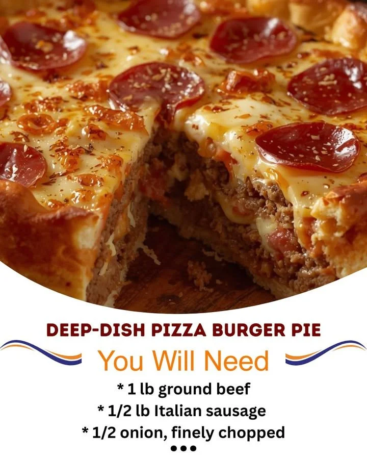 Deep-Dish Pizza Burger Pie showcasing layers of cheese, meat, and sauce.