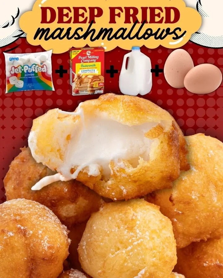 Golden brown deep fried marshmallows served on a plate with chocolate sauce