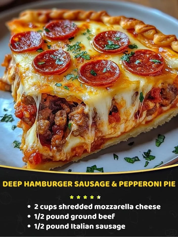 Deep Hamburger Pie with sausage and pepperoni, a delicious meal option.