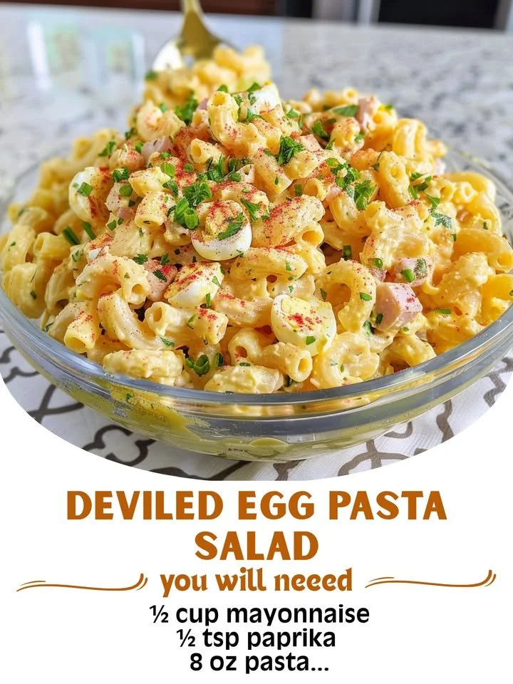 Healthy deviled egg pasta salad served in a bowl with vibrant vegetables