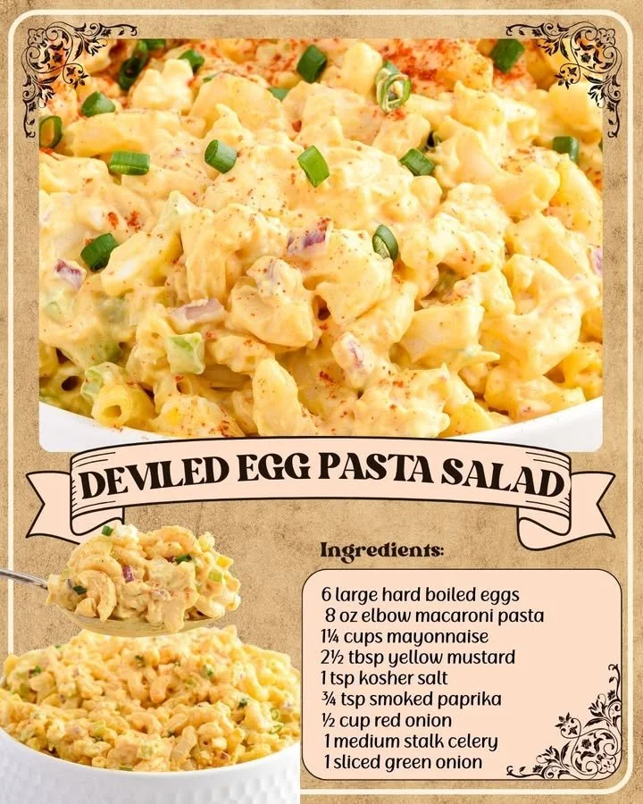 Delicious deviled egg pasta salad with creamy dressing and garnishes