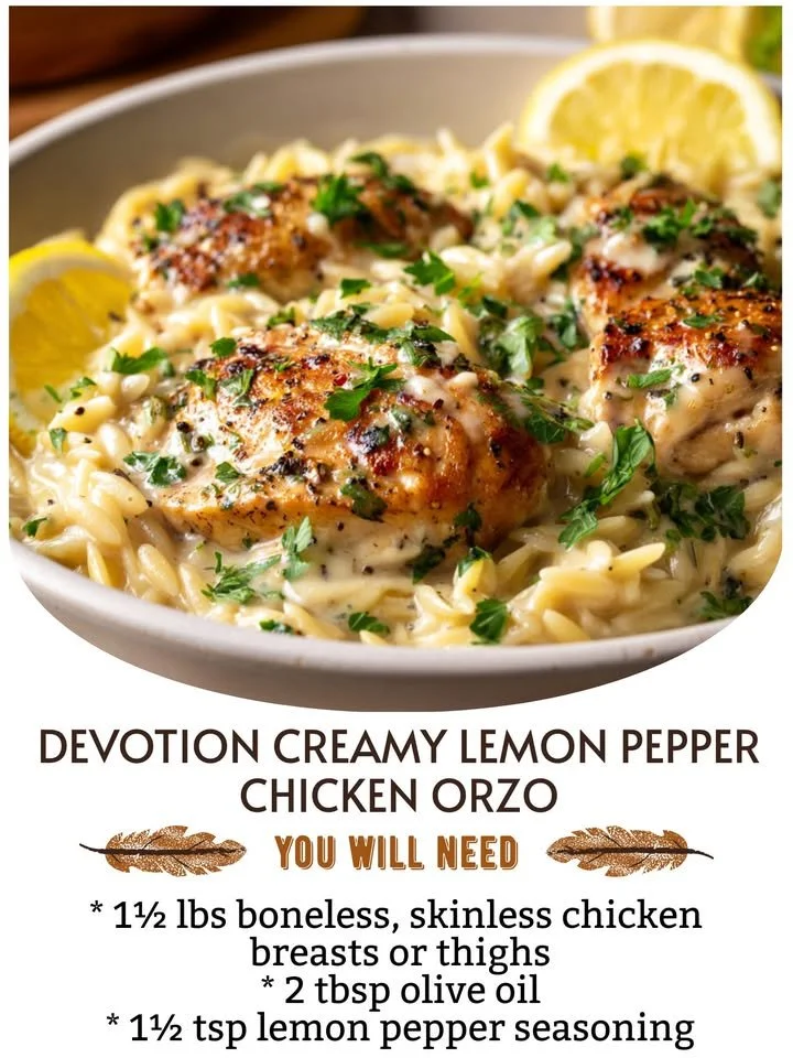 Creamy lemon pepper chicken orzo dish garnished with herbs