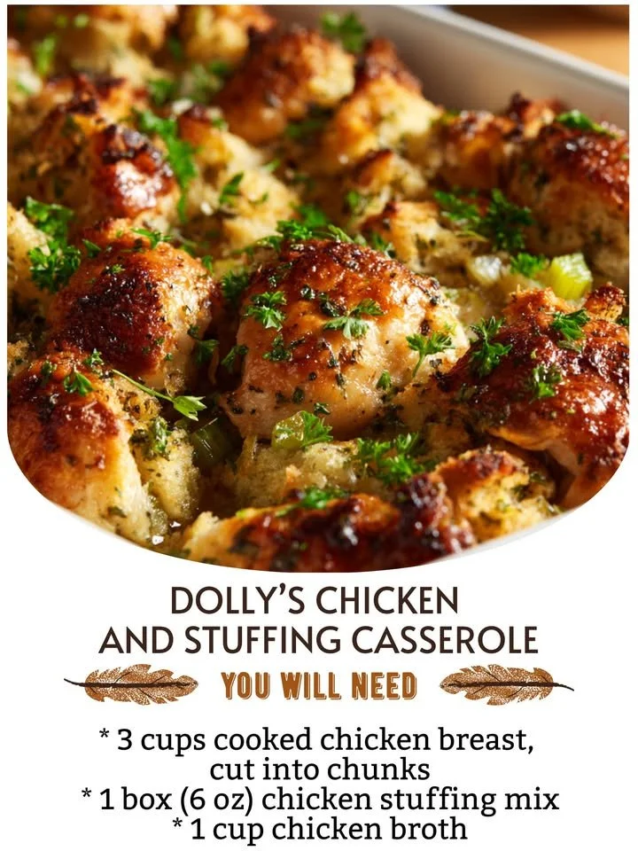 Delicious Dolly’s Chicken and Stuffing Casserole dish baking in the oven.
