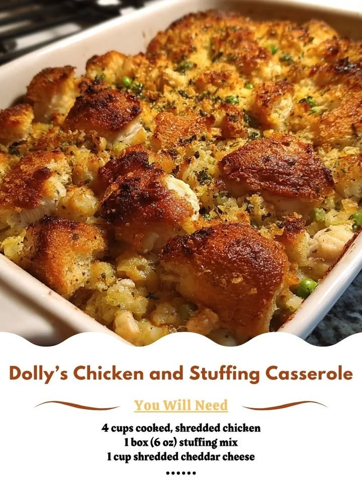 Delicious serving of Dolly's Chicken and Stuffing Casserole topped with herbs