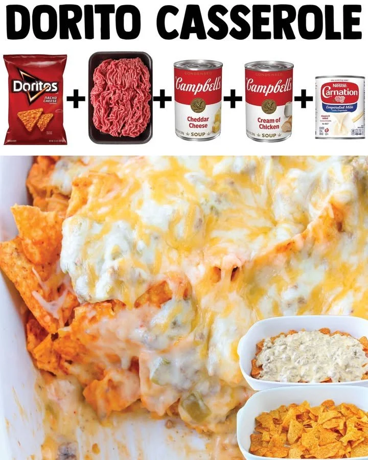 Delicious Dorito Casserole topped with melted cheese and crunchy Doritos