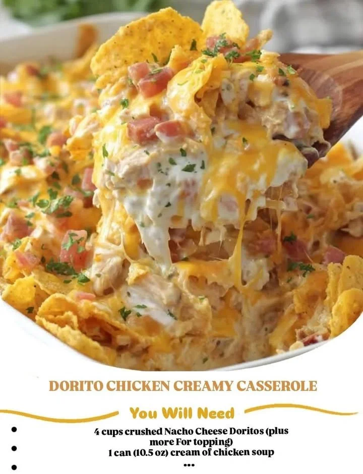 Delicious creamy Dorito Chicken Casserole served in a baking dish