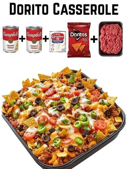 Delicious Doritos Casserole topped with cheese and garnished with herbs
