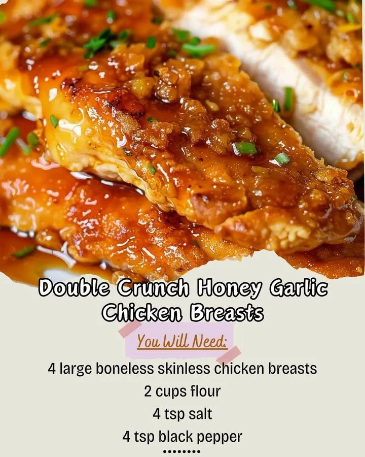 Double crunch honey garlic chicken breasts served on a plate with garnish