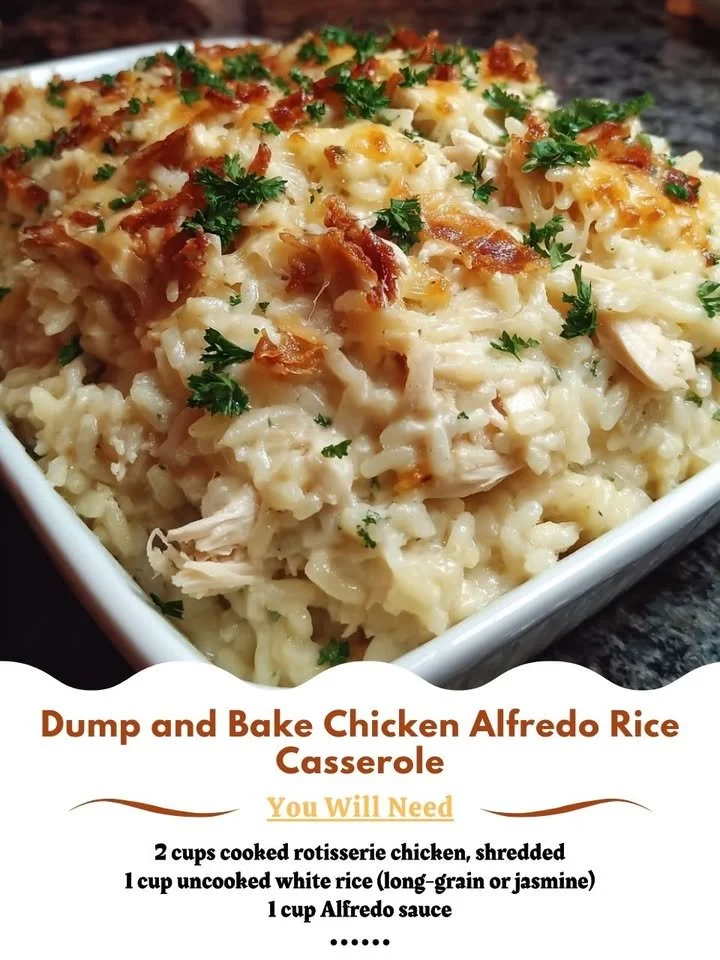 Dump and bake Chicken Alfredo rice casserole ready to serve