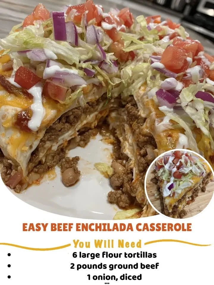 Easy beef enchilada casserole topped with cheese and fresh cilantro