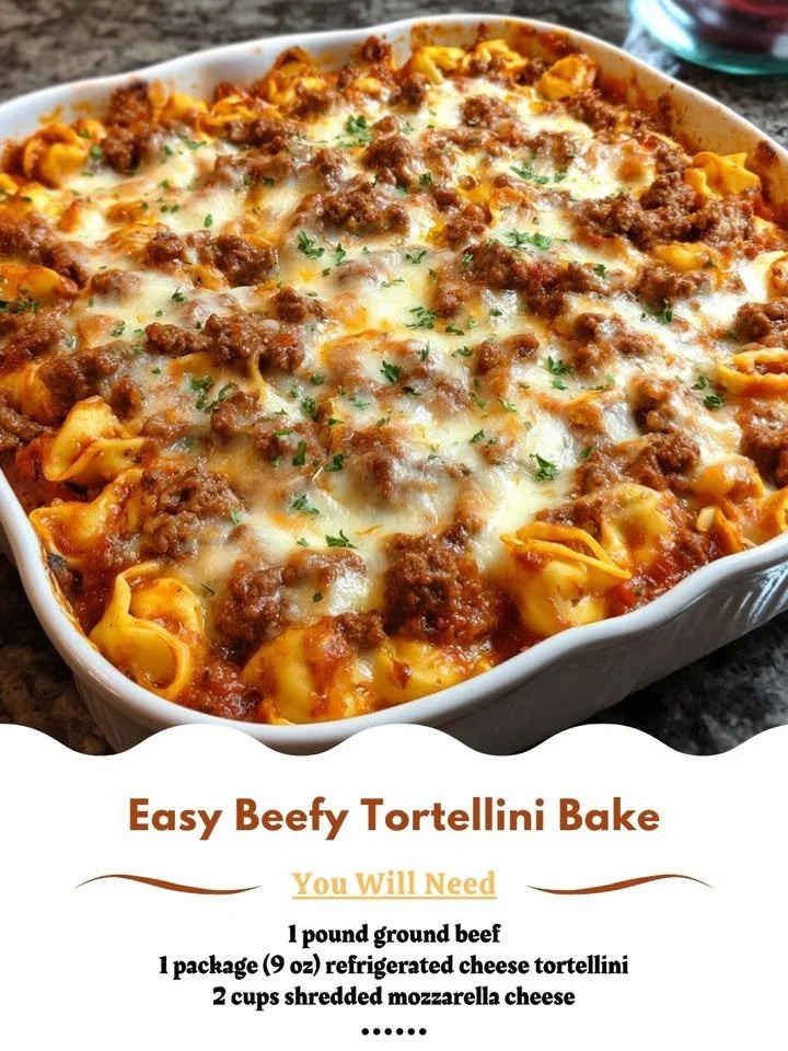 Easy Beefy Tortellini Bake with cheese and hearty beef in a casserole dish