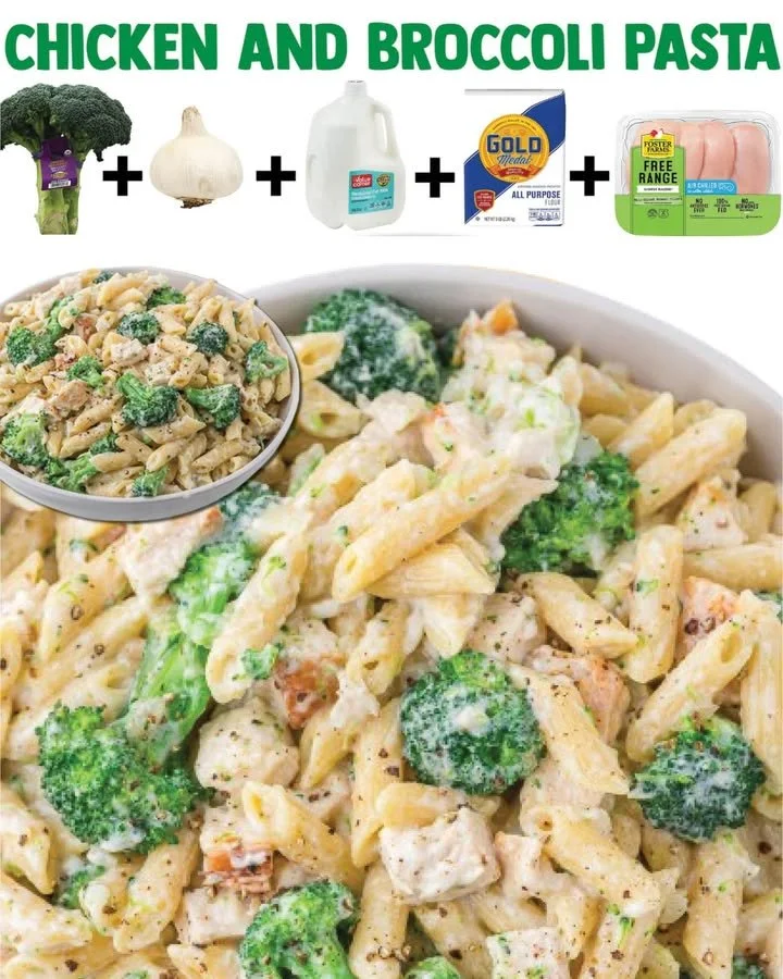 Bowl of easy chicken and broccoli pasta with creamy sauce and parmesan cheese