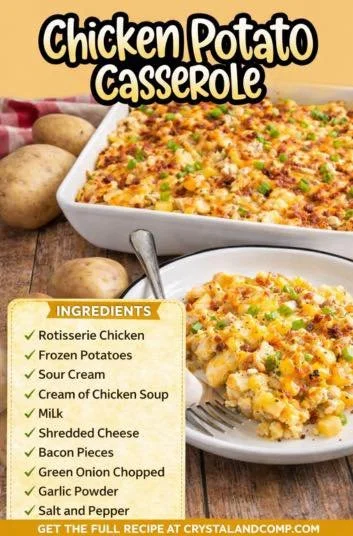 A delicious serving of easy chicken potato casserole in a baking dish.