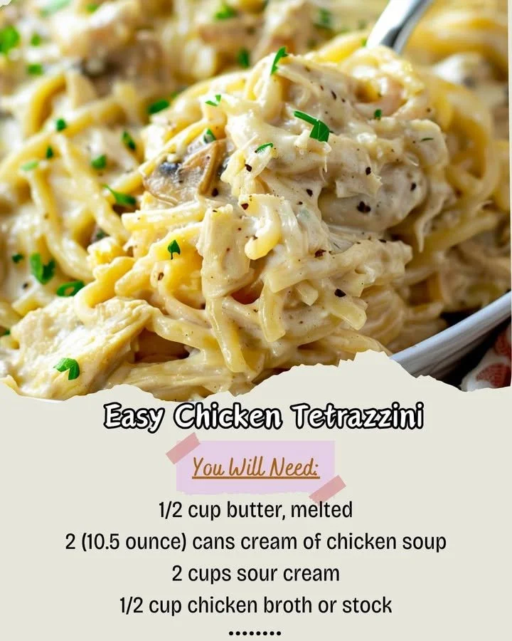 Easy Chicken Tetrazzini dish topped with cheese and herbs