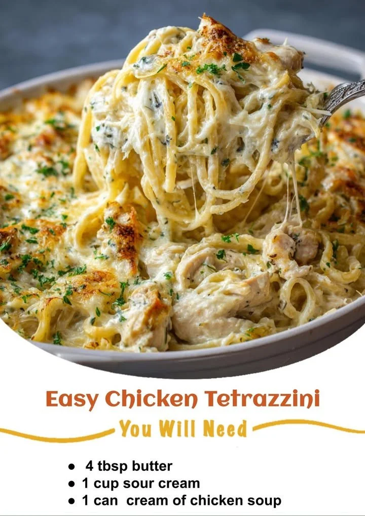 Delicious easy chicken tetrazzini served on a plate with a side of vegetables