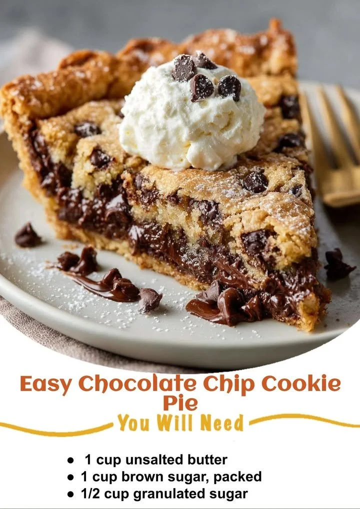 Slice of easy chocolate chip cookie pie on a plate