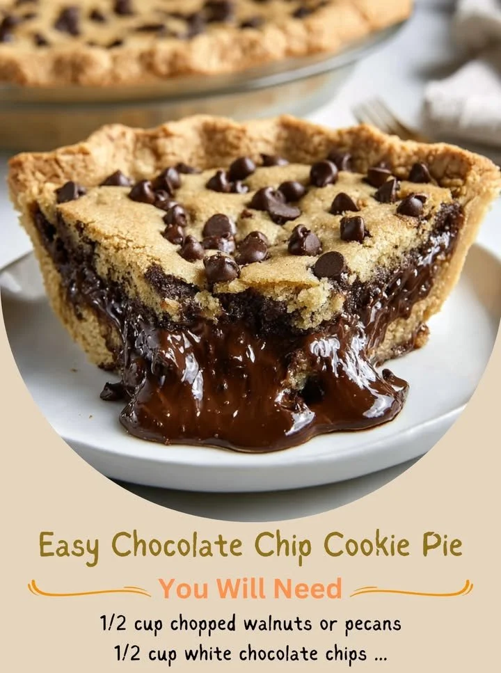 Delicious easy chocolate chip cookie pie baked and ready to serve