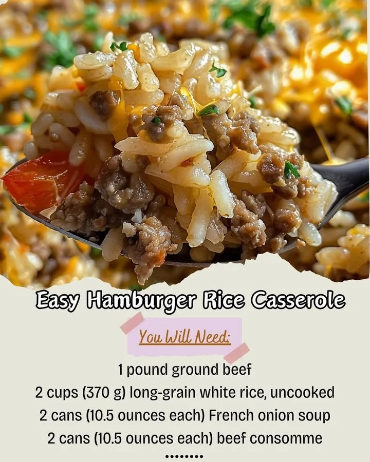 Delicious easy hamburger rice casserole served in a dish with fresh parsley