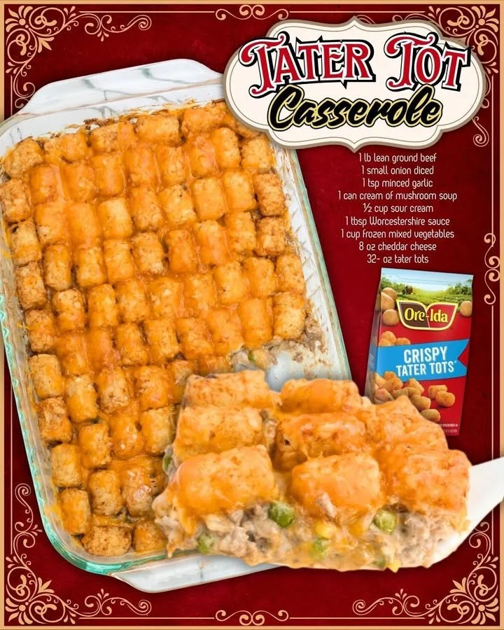 Delicious Easy Tater Tot Casserole baked with cheese and beef