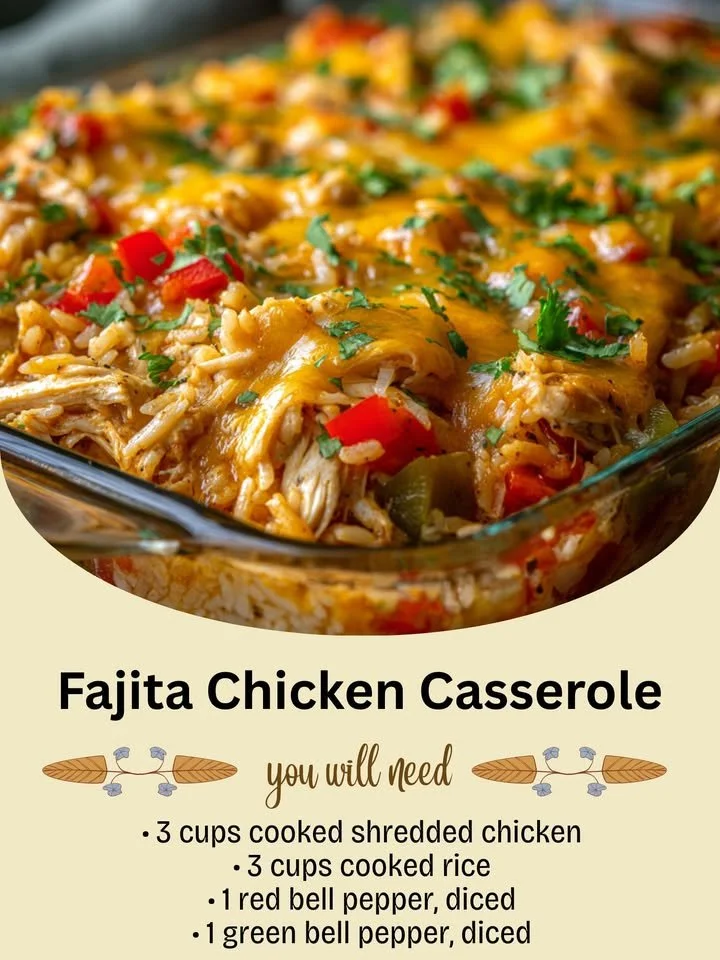 Delicious Fajita Chicken Casserole topped with fresh vegetables and cheese