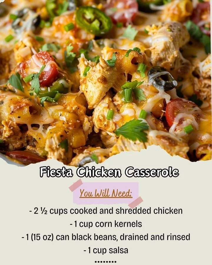 Fiesta Chicken Casserole topped with cheese and colorful vegetables