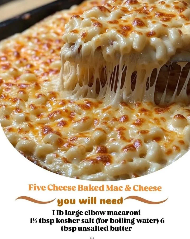Five Cheese Baked Macaroni and Cheese topped with a golden crust and gooey cheese