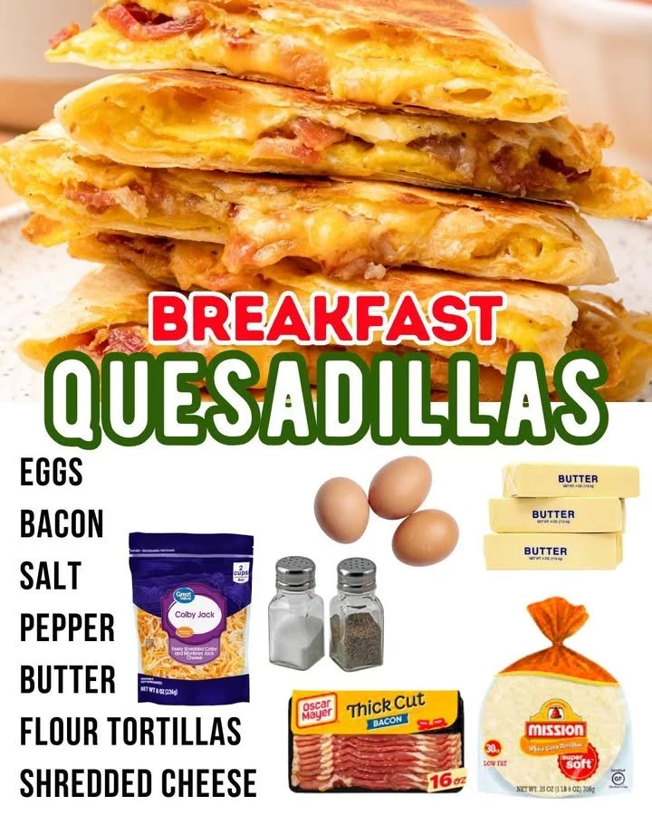 Fluffy egg and cheddar quesadilla with crispy bacon on a plate