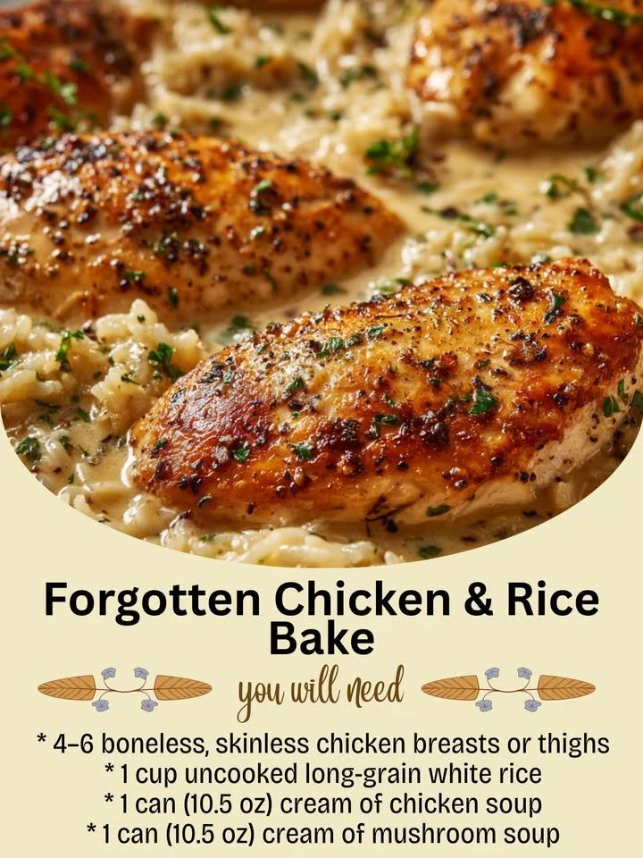 Delicious Forgotten Chicken & Rice Bake served in a baking dish