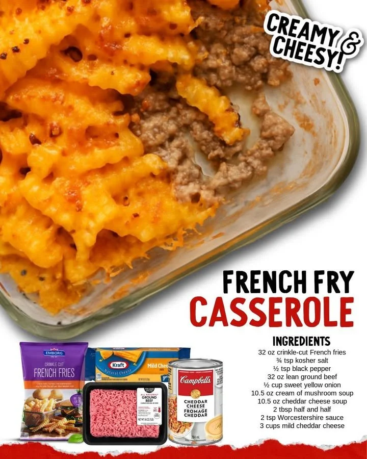 Delicious French Fry Casserole with cheese and toppings