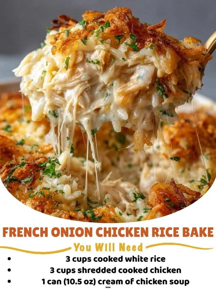 French Onion Chicken Rice Bake topped with cheese and herbs in a baking dish.