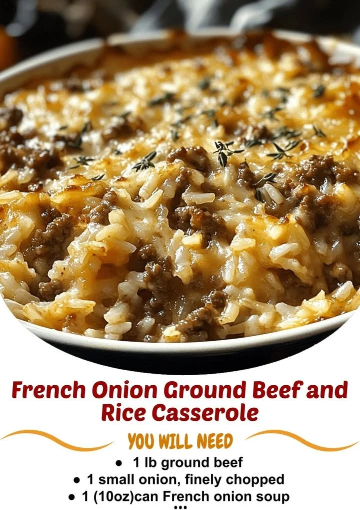 Delicious French onion ground beef and rice casserole ready to serve