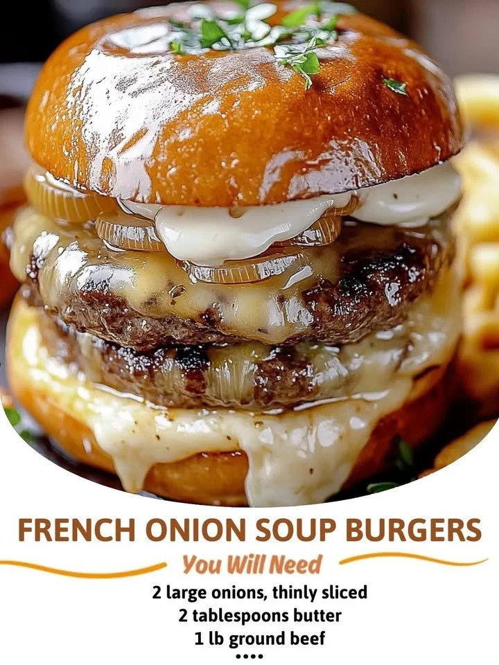 French onion soup burgers with melted cheese and caramelized onions