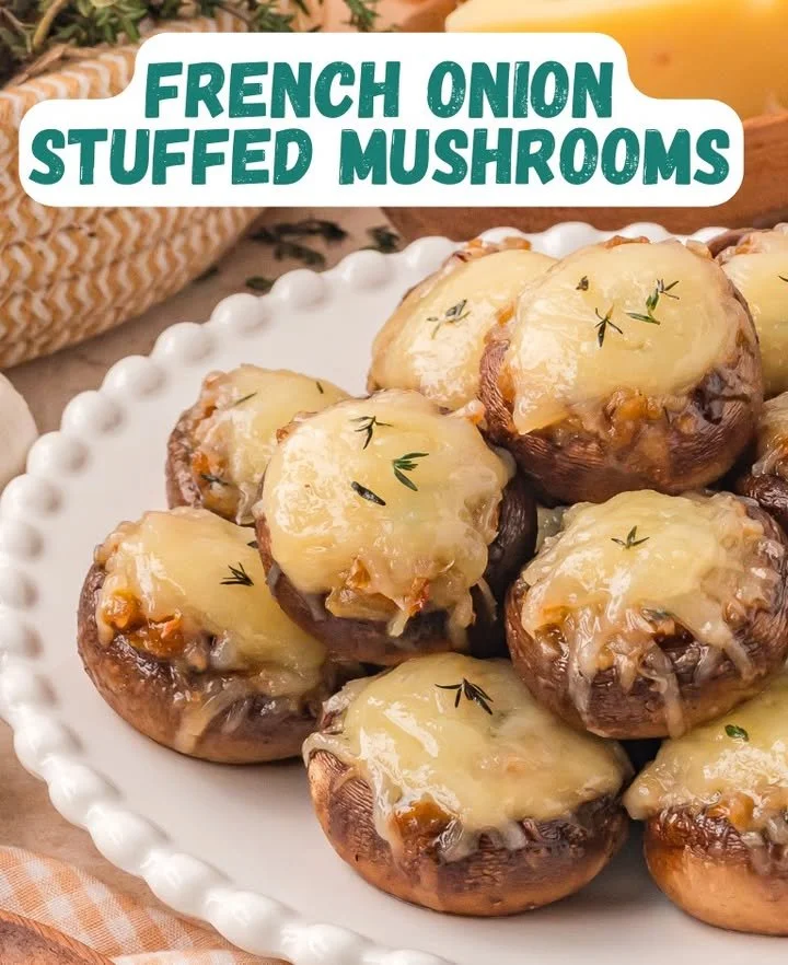 French onion stuffed mushrooms topped with melted cheese