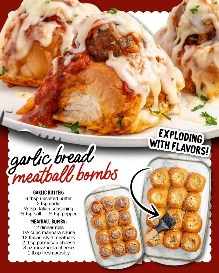 Golden Garlic Bread Meatball Bombs filled with cheesy goodness