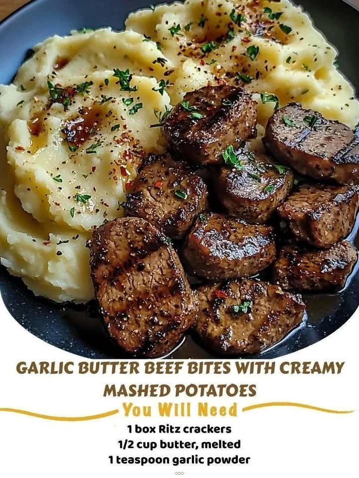 Delicious Garlic Butter Beef Bites served with a side of creamy mashed potatoes