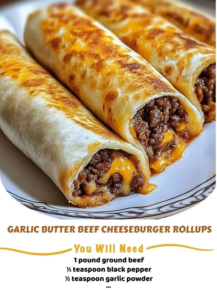 Garlic Butter Beef Cheeseburger Rollups served on a plate