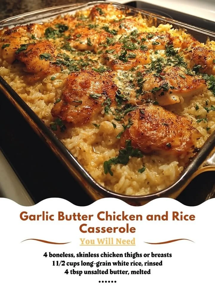 Delicious Garlic Butter Chicken and Rice Casserole served in a warm dish.