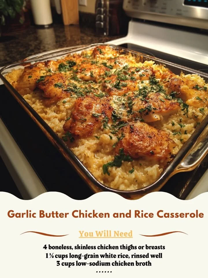 Delicious Garlic Butter Chicken and Rice Casserole served in a baking dish