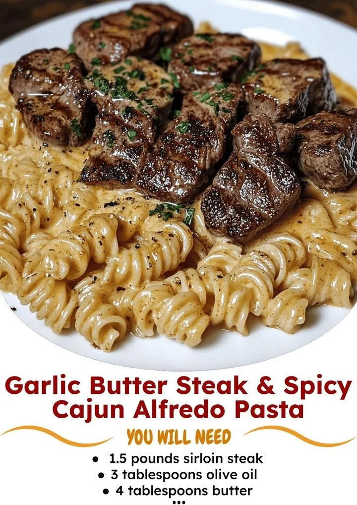 Delicious Garlic Butter Steak served with pasta, garnished with herbs.
