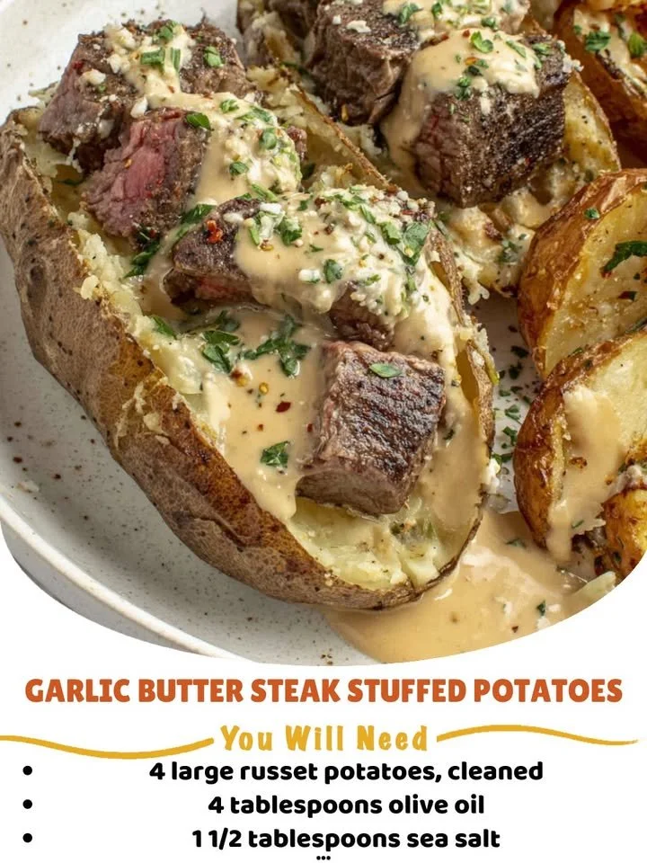 Delicious garlic butter steak stuffed potatoes on a plate