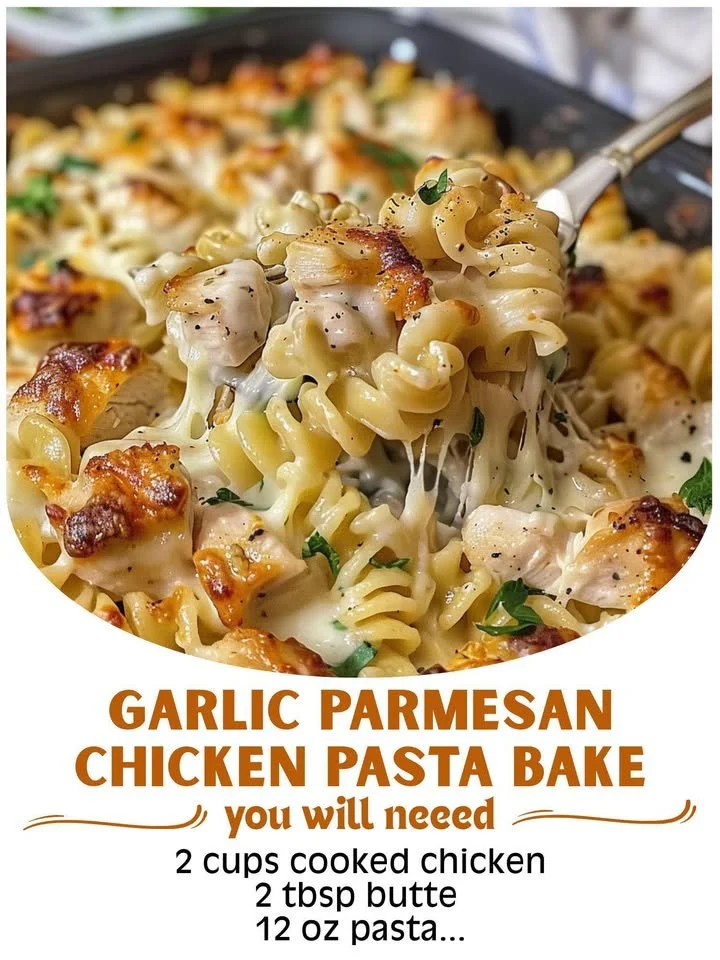 Garlic Parmesan Chicken Pasta Bake topped with herbs and cheese