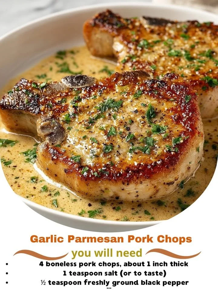 Delicious Garlic Parmesan Pork Chops served on a plate with herbs