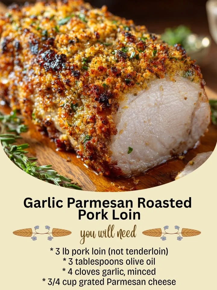 Garlic Parmesan Roasted Pork Loin served on a wooden platter with herbs.