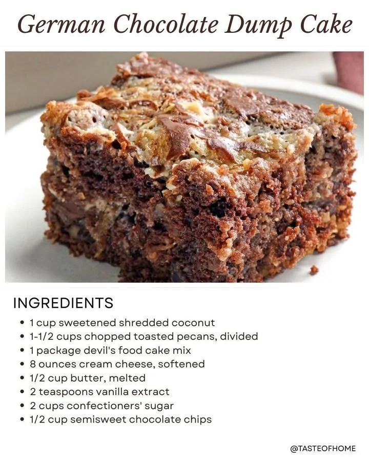 Delicious German Chocolate Dump Cake topped with coconut and pecans