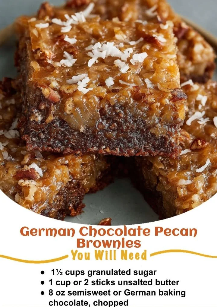 German chocolate pecan brownies topped with chocolate and coconut