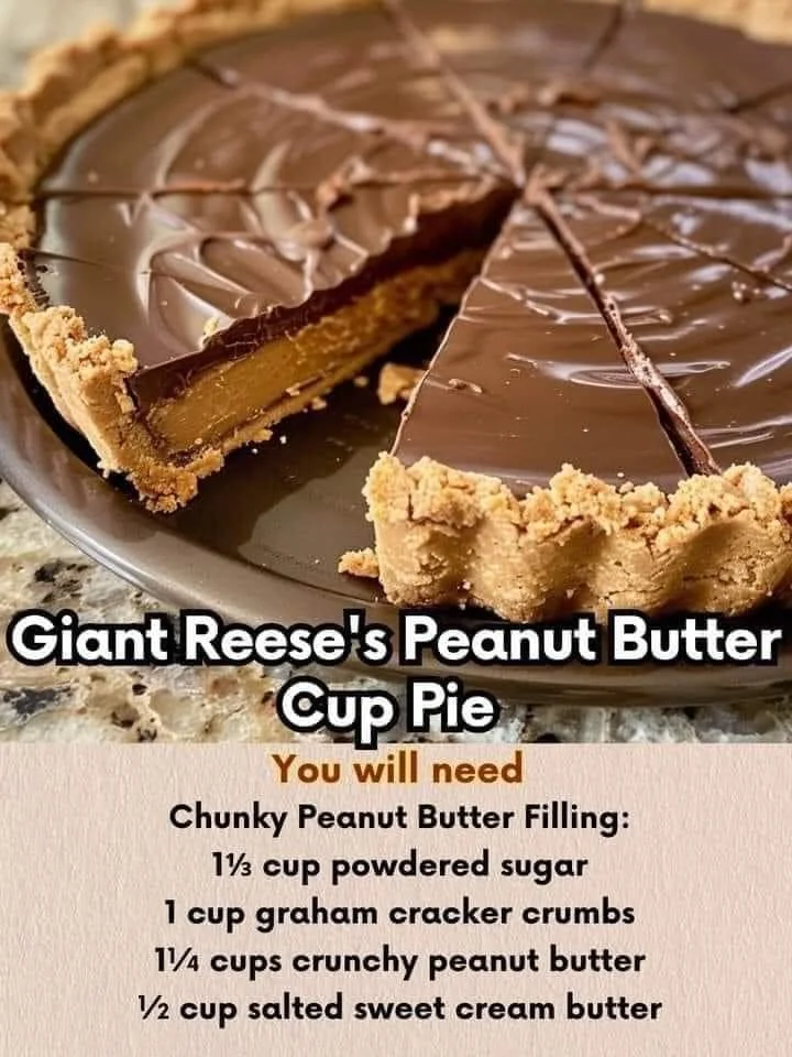 Giant Reese's Peanut Butter Cup Pie topped with chocolate and peanut butter