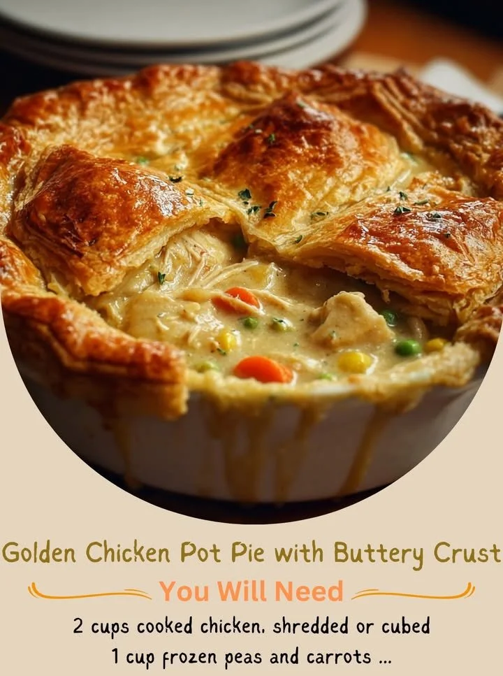 Golden chicken pot pie with a flaky buttery crust, served hot and delicious.