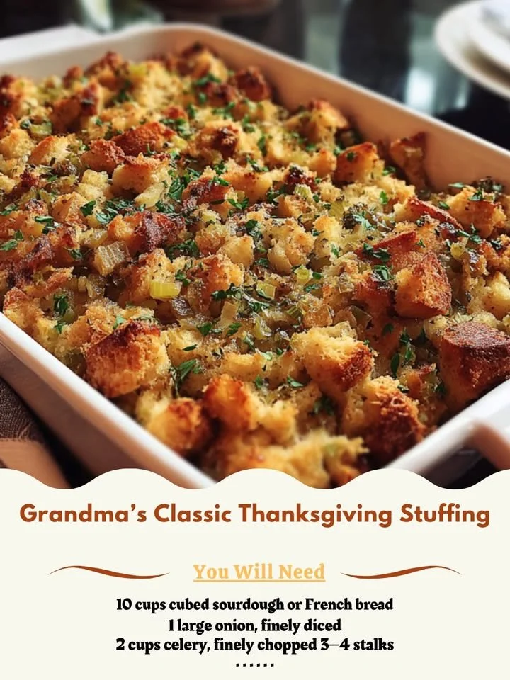 Grandma's Classic Thanksgiving Stuffing dish garnished and ready to serve