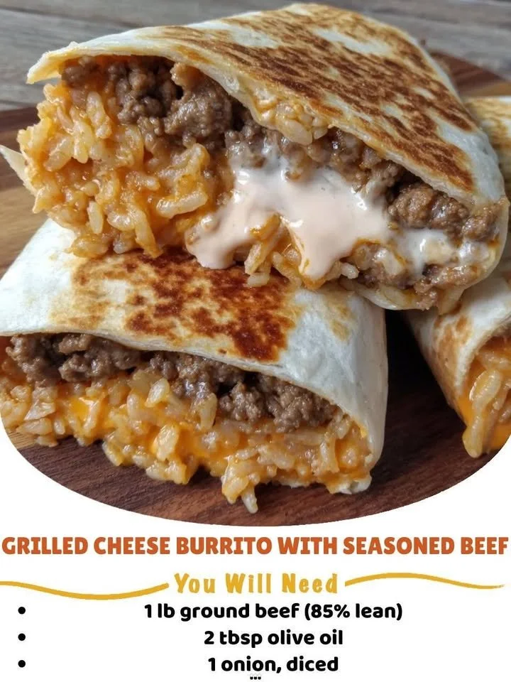 Grilled cheese burrito with seasoned beef, melted cheese, and crispy tortilla