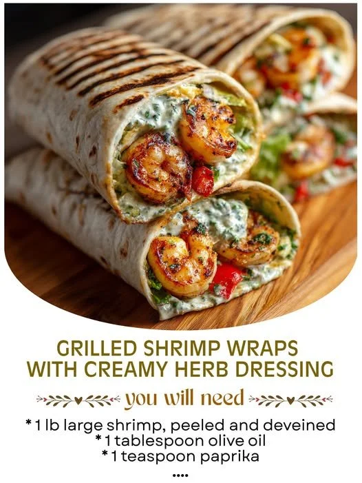 Grilled shrimp wraps with creamy herb dressing, fresh ingredients, and vibrant colors